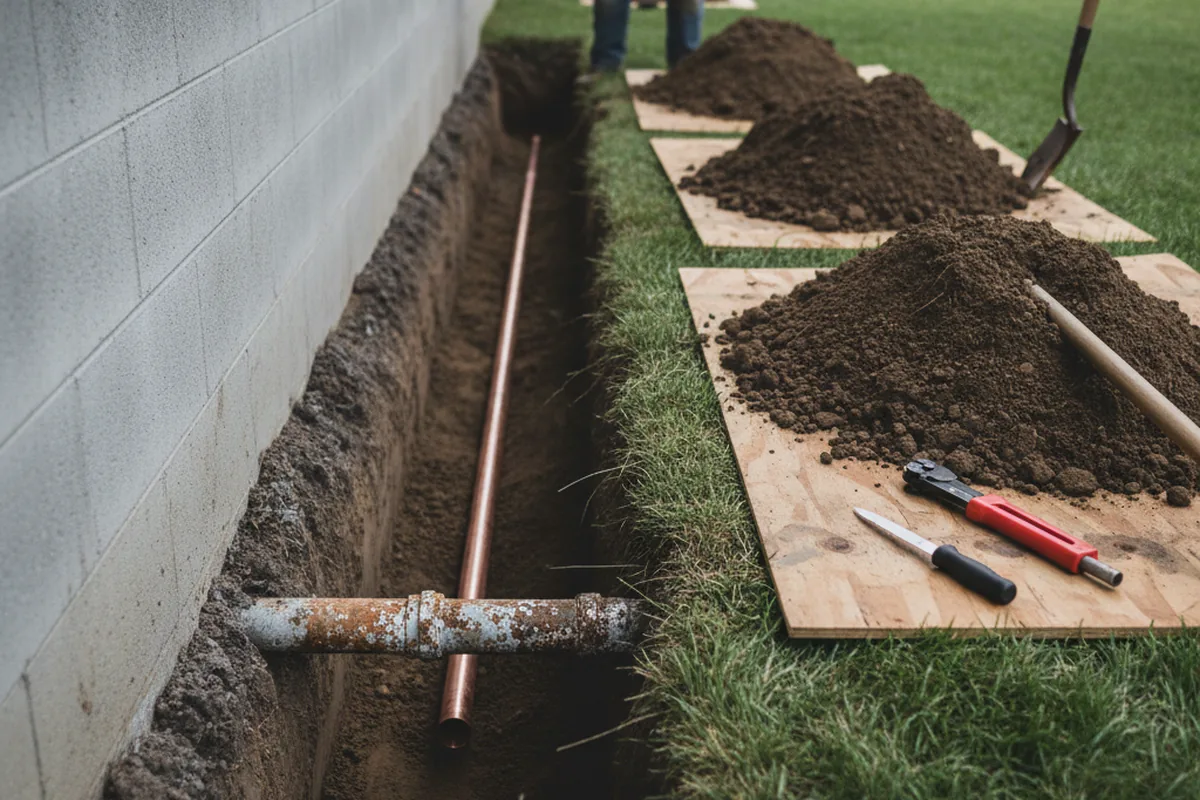 Excavated water line trench during Water Heater Repair in Brookfield